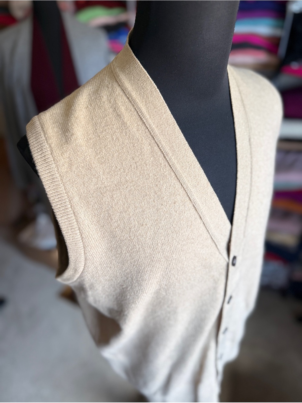 Vintage Classic Cashmere Button Cardigan Vest in Beige